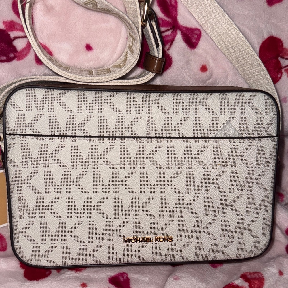 Michael Kors Cream and Brown Logo Crossbody Bag